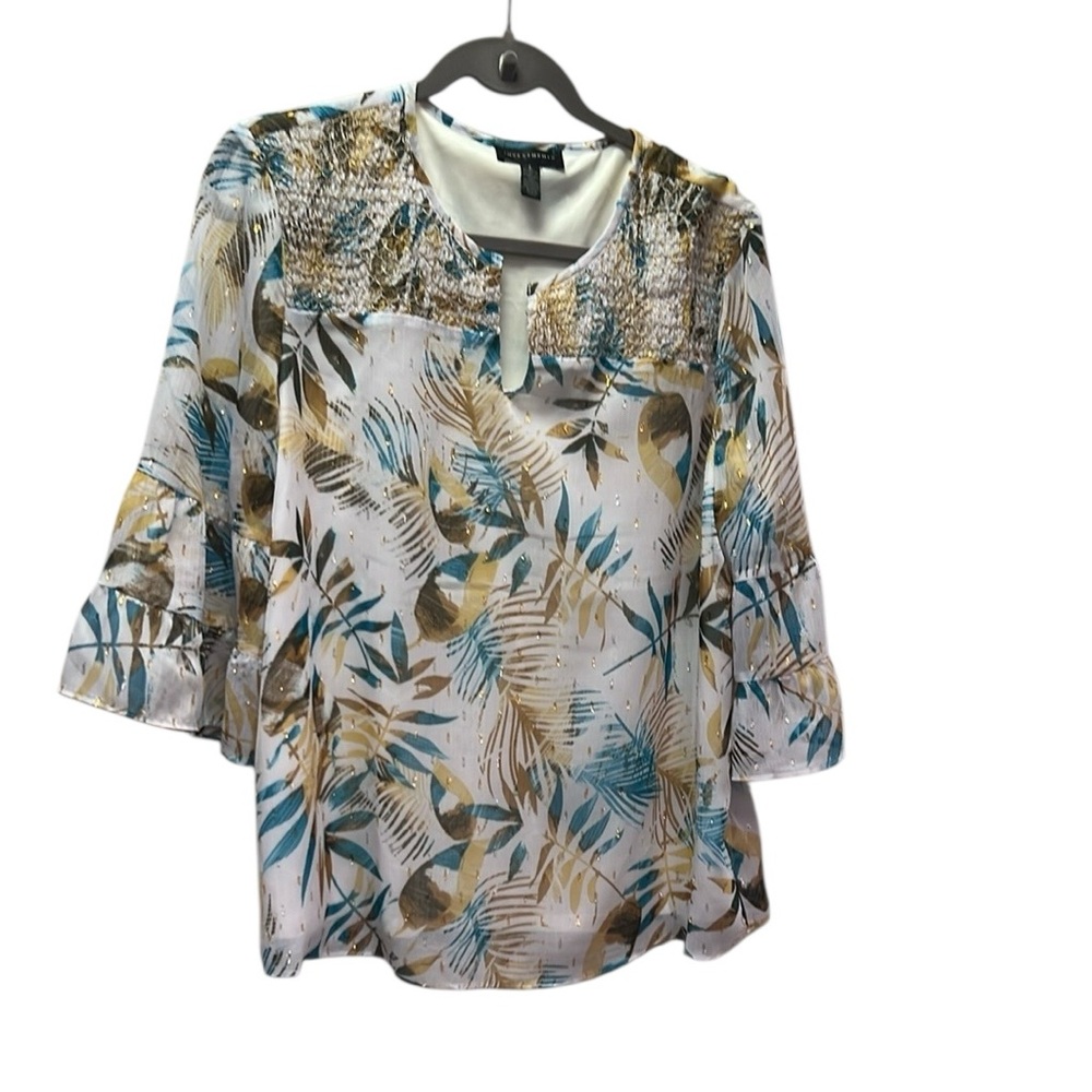 Investments Ruffled Blue and Tan 3/4 Sleeve Dressy Blouse